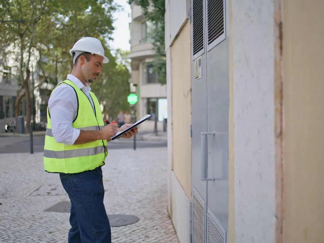 Technicien en gilet et casque prenant des notes devant les locaux techniques d'un immeuble